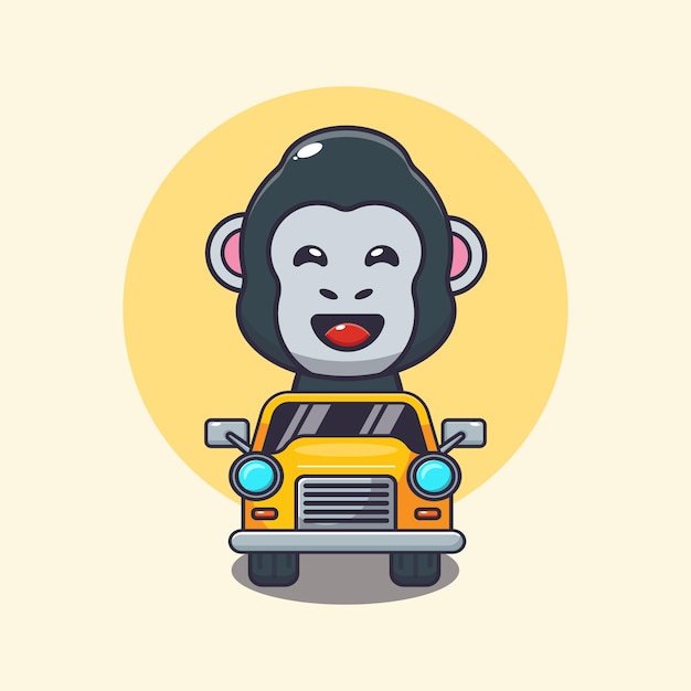 Simpatico personaggio dei cartoni animati della mascotte del gorilla giro in auto