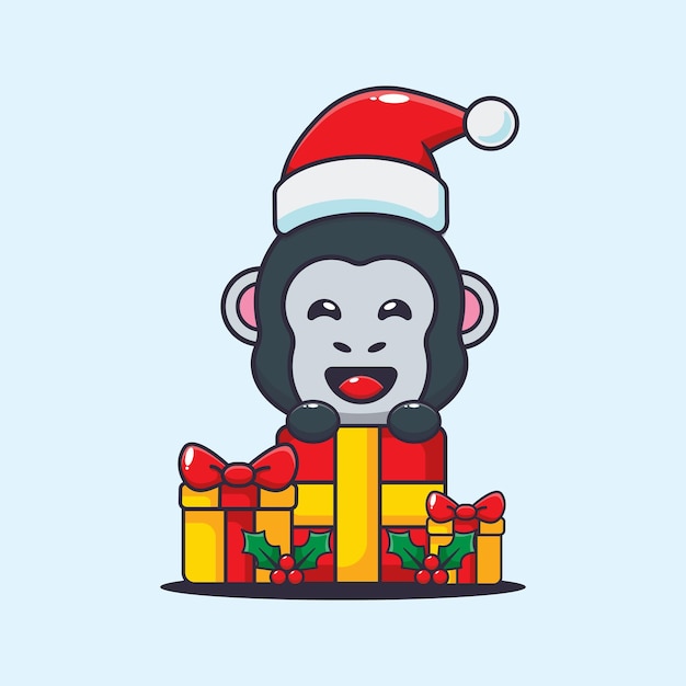 Милая горилла с рождественским подарком. Милая иллюстрация рождественского мультфильма.