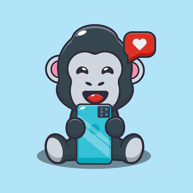 Cute gorilla with phone Cute cartoon animal illustration