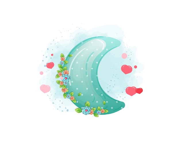 Cute gradient moon with floral decoration and hearts