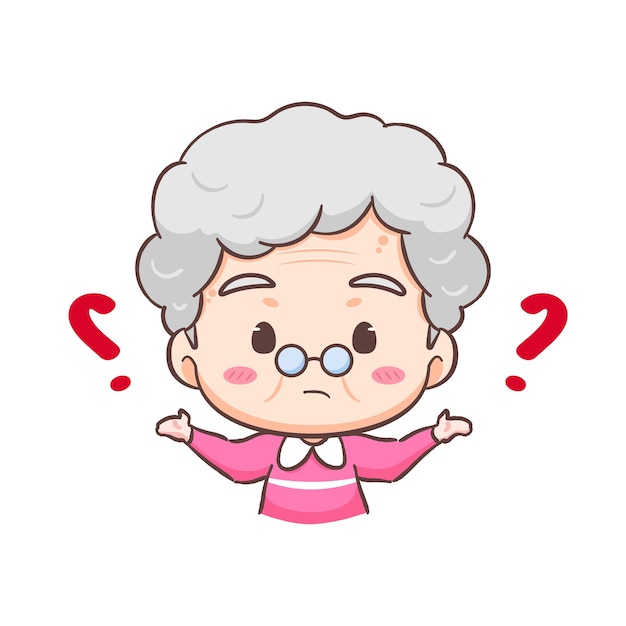 Vector cute grand mother confused with question mark cartoon character people expression concept design