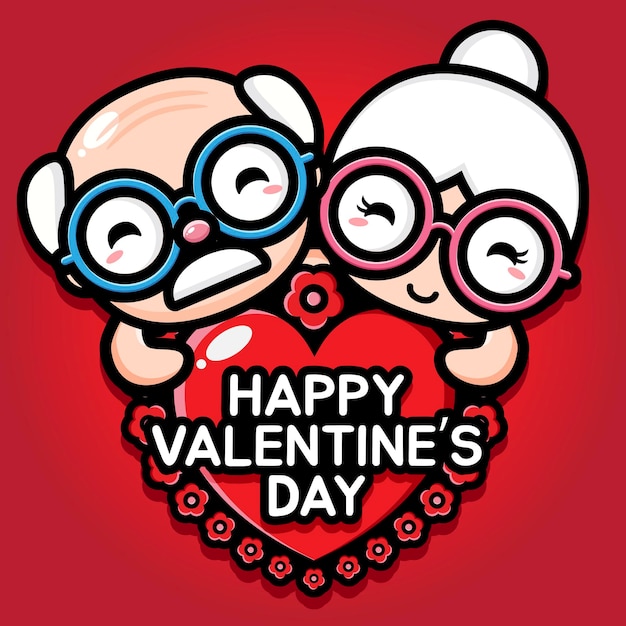 Vector cute grandfather and grandmother hugging a heart with happy valentine's day greetings