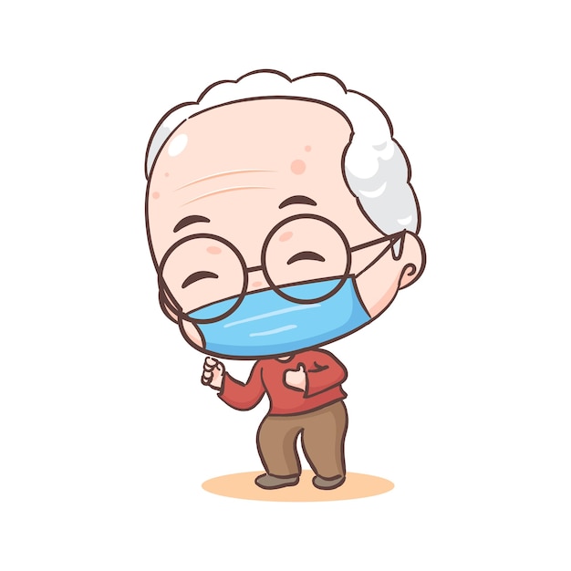 Cute grandfather or grandpa coughing and wearing mask Hand drawn flat adorable chibi vector