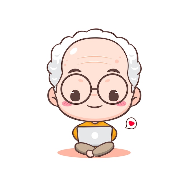 Cute grandfather or grandpa working on laptop Hand drawn flat adorable chibi vector