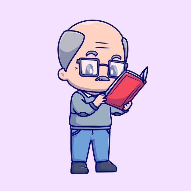 Vector cute grandfather reading book cartoon vector icon illustration. people education icon isolated