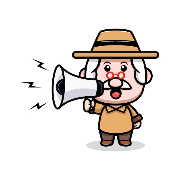 Cute grandfather speaking on megaphone cartoon illustration