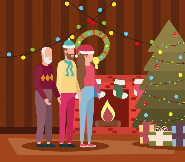 Vector cute grandfather with young couple in room christmas decorated