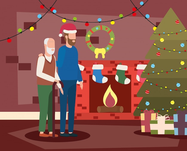 Cute grandfather with young son in room christmas decorated