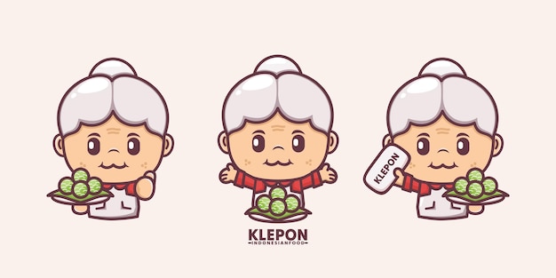 cute grandma cartoon with klepon indonesian traditional food