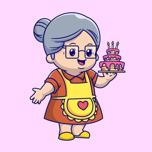 Вектор Симпатичная бабушка готовит торт на день рождения. изолированная плоская икона еды людей