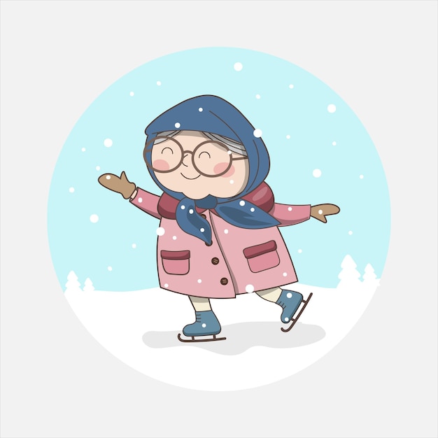 Cute Grandma is skating outside.