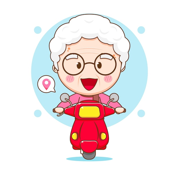 Cute grandma riding motorcycle Chibi cartoon character