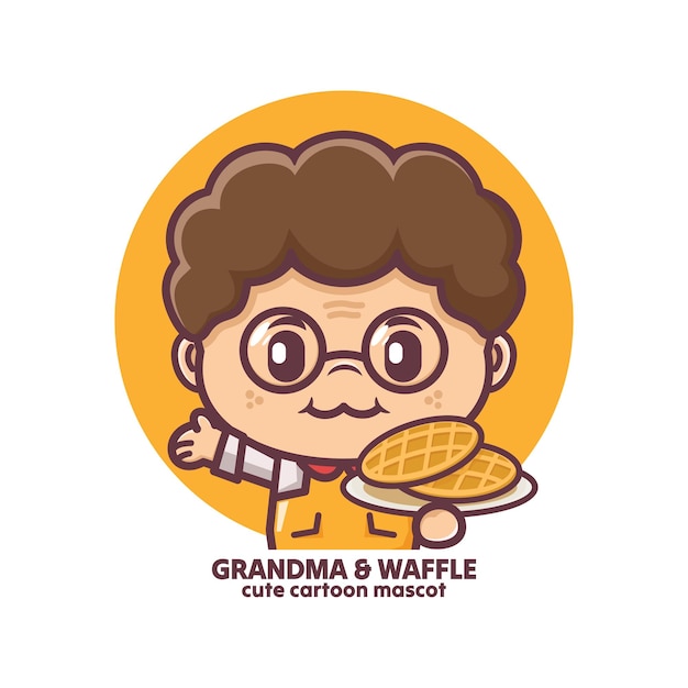 ワッフルで可愛いおばあちゃんシェフのマスコットアニメのフードロゴ