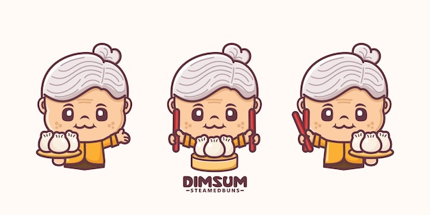 Vector cute grandmother cartoon with dimsum steamed buns