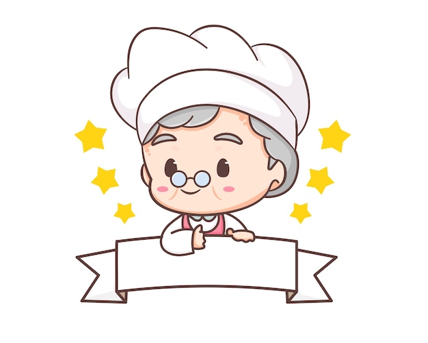 Simpatico personaggio dei cartoni animati della nonna chef. illustratore di arte vettoriale logo