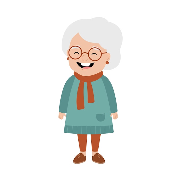 Cute grandmother in glasses and earrings Elderly woman in dress and scarf in full length