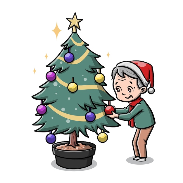 Vector cute grandpa decorating christmas tree cartoon