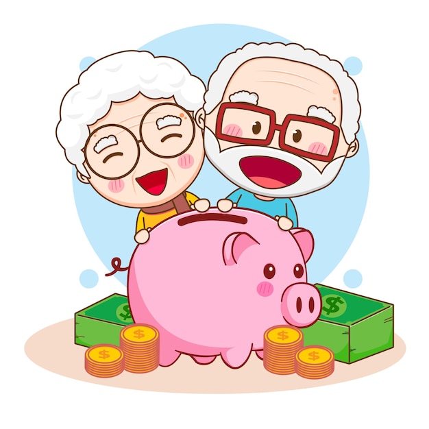 Vector cute grandpa and grandma with piggy bank money savings concept