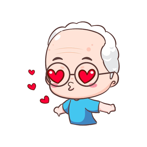 Cute grandpa show love and kiss pose cartoon character people expression concept design