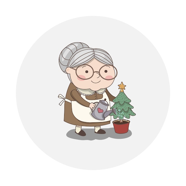 La nonna carina sta innaffiando l'albero di capodanno.