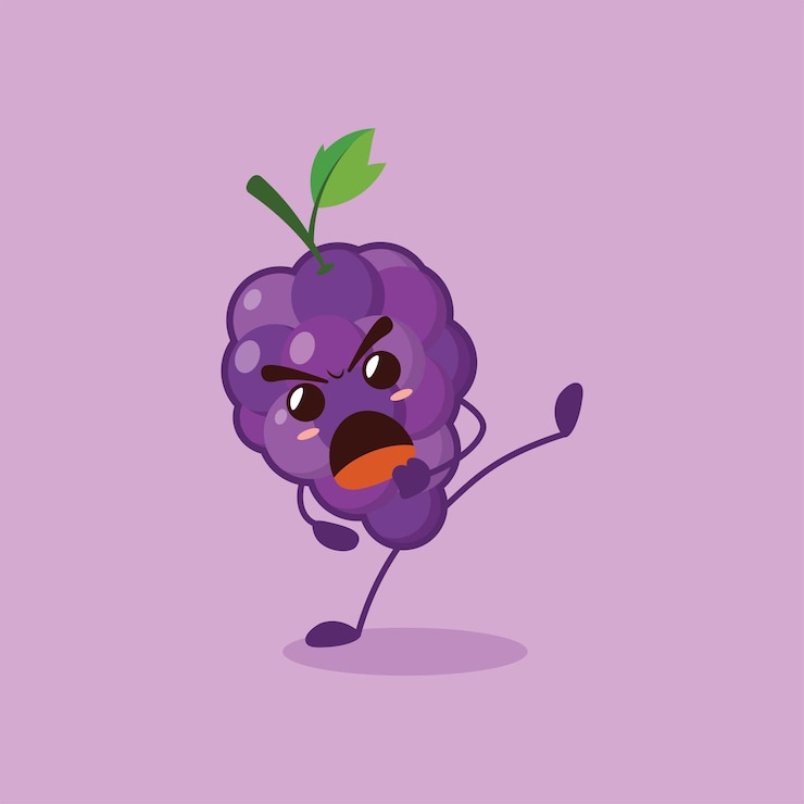 Vector the cute grape character performs a martial arts kick