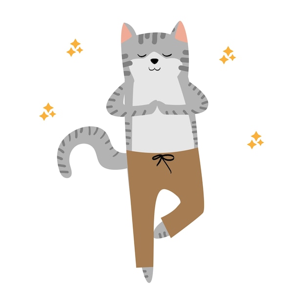 Simpatico gatto grigio in stile cartone animato gatto che fa yoga gatto di yoga illustrazione per bambini creativi