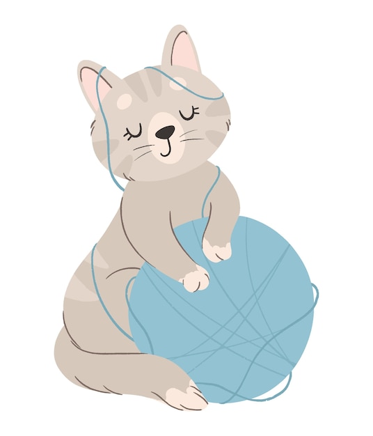 Vector cute gray cat playing with a blue ball of thread kids print