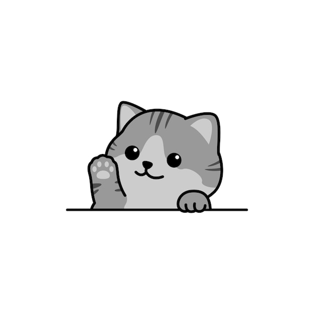 Cute gray cat waving paw cartoon vector illustration