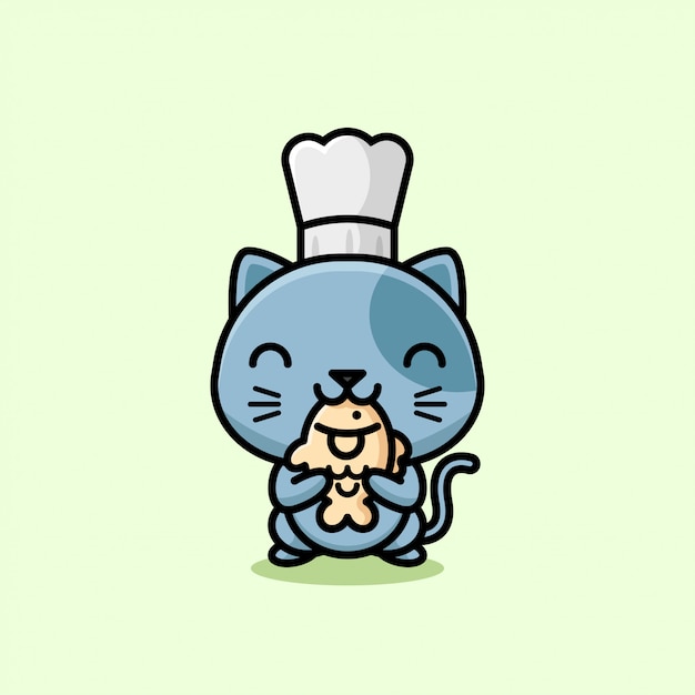 CUTE GRAY CAT WEARING CHEF HAT AND EATING TAIYAKI ILLUSTRATION