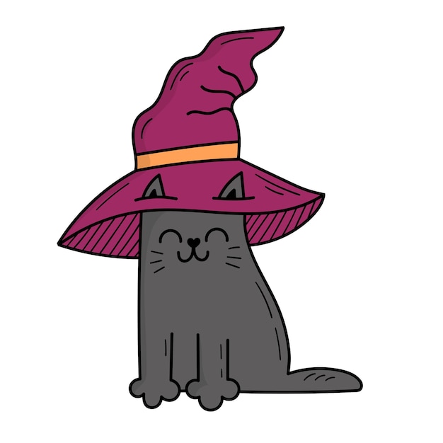 Cute gray cat wearing a witch hat. Halloween costume. Doodle style illustration