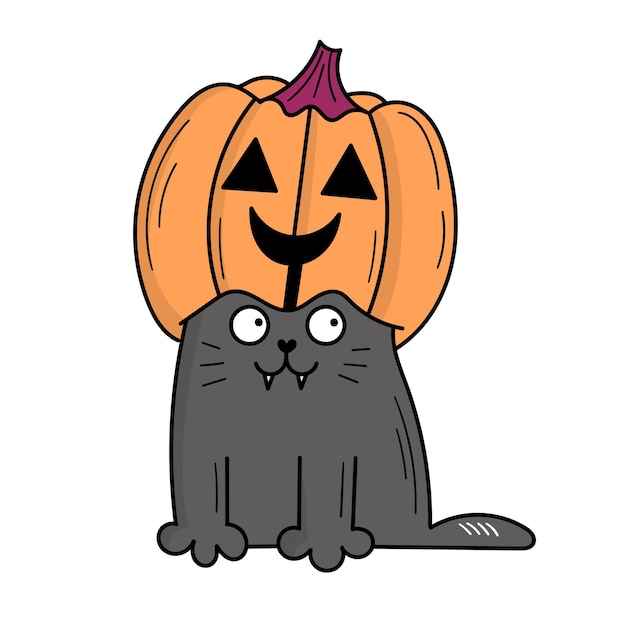 Cute gray cat with a pumpkin on his head. Halloween costume. Doodle style illustration