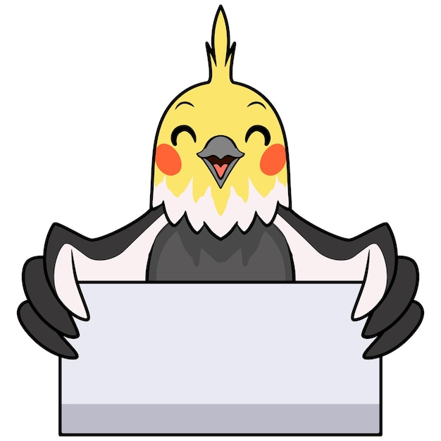 Vector cute gray cockatiel bird cartoon holding blank sign