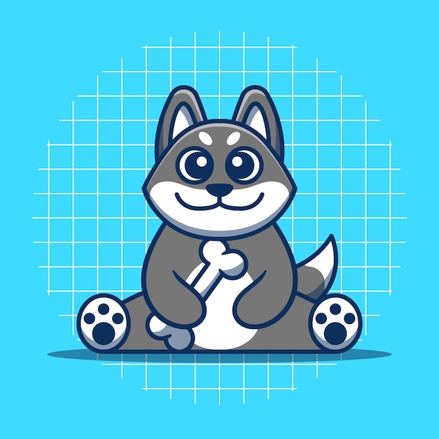 Cute gray dog mascot holding white bone vector illustration