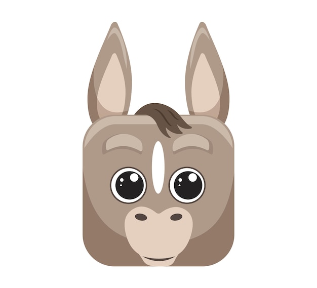 Cute gray donkey, animal square faces, mask, icon, logo. Vector illustration in cartoon style