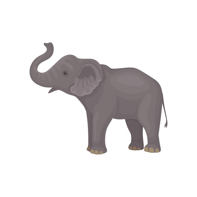 벡터 색 배경에 고립되어 서 있는 귀여운 회색 코끼리 측면 뷰 큰 귀, 긴 수염과 리를 가진 큰 포유류 야생 생물 아프리카 또는 아시아 동물 주제 고립 된 평평한 터 디자인