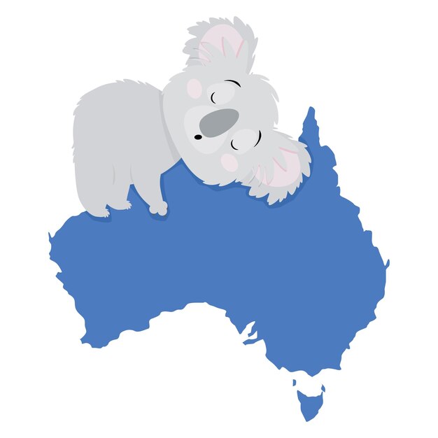 Un grazioso koala grigio che dorme su una grande mappa blu dell'australia