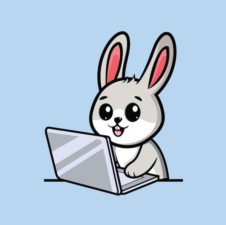 Vector cute gray rabbit is sitting in front of a laptop smiling with a cartoonstyle illustration
