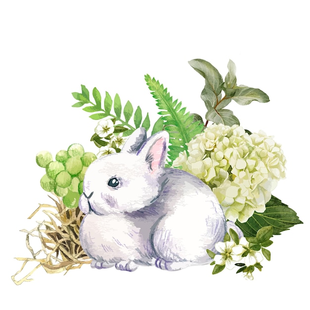Cute gray rabbit with flowers hand drawn