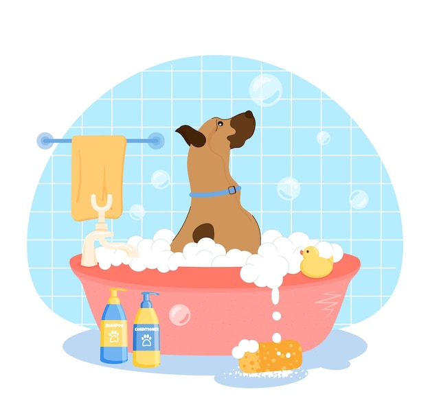 Cute great dane dog cartoon character takes a bubble bath with blue tile in background