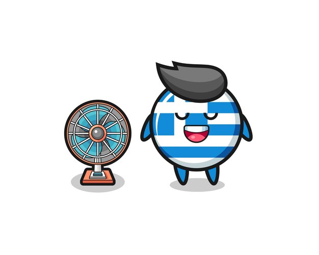 cute greece flag is standing in front of the fan
