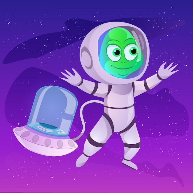 Cute green alien flying in an astronaut suit on space background Purple universe and space ship