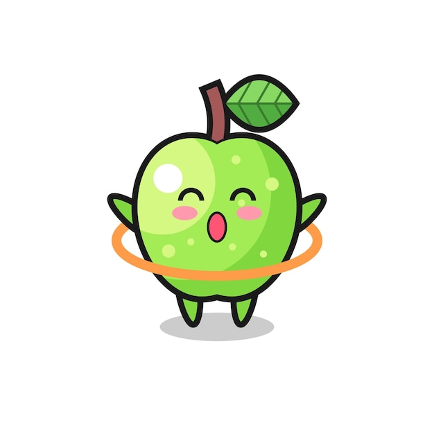 Cute green apple cartoon is playing hula hoop