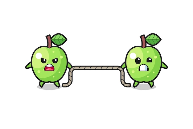 Симпатичный персонаж зеленого яблока играет в перетягивание каната милый дизайн