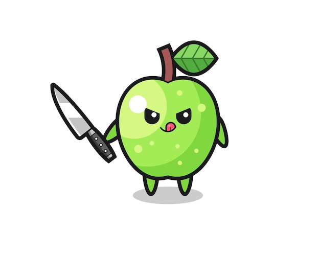 Simpatica mascotte mela verde come psicopatico con in mano un coltello, design in stile carino per maglietta, adesivo, elemento logo