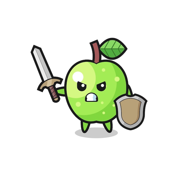 칼과 방패로 싸우는 귀여운 녹색 사과 군인