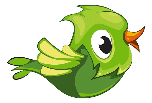 Cute green bird flying. Cheerful cartoon character