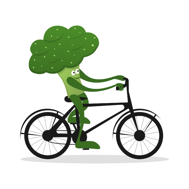 Cute green broccoli biker cartoon character cabbage on bike or scooter vector illustration