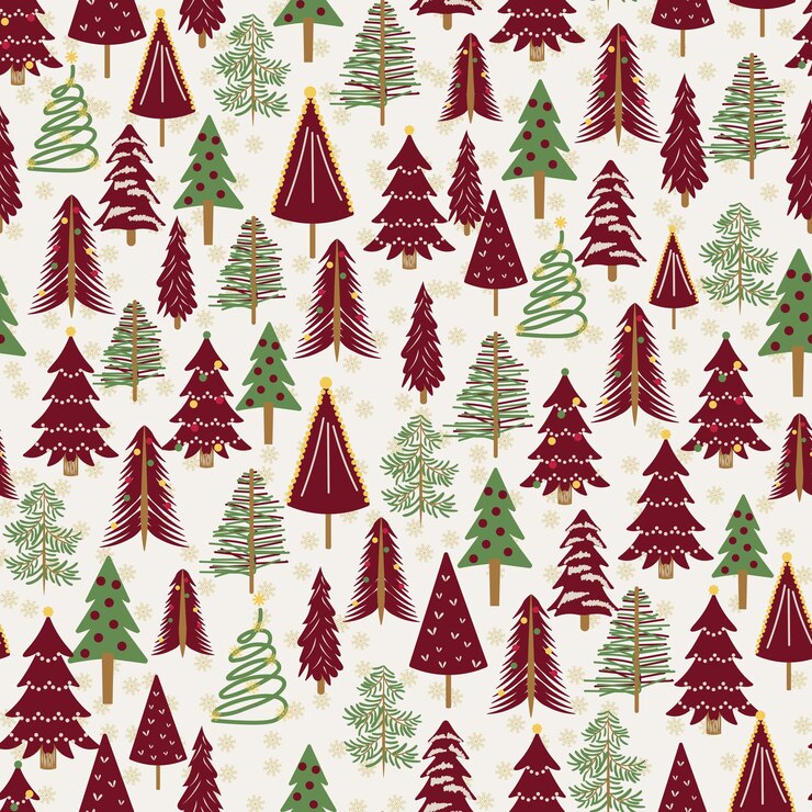 Cute Green Christmas Tree Seamless Pattern with assorted