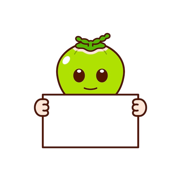 Cute Green Coconut Character Holding a Blank Sign