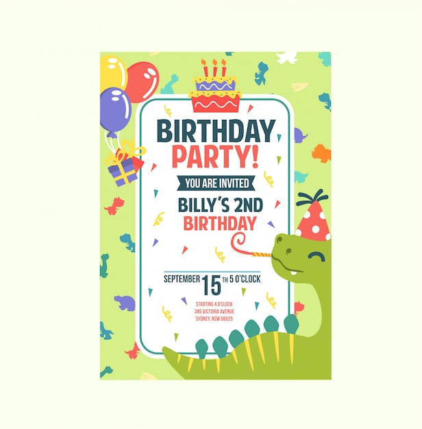 cute green colourful dino theme invitation birthday card